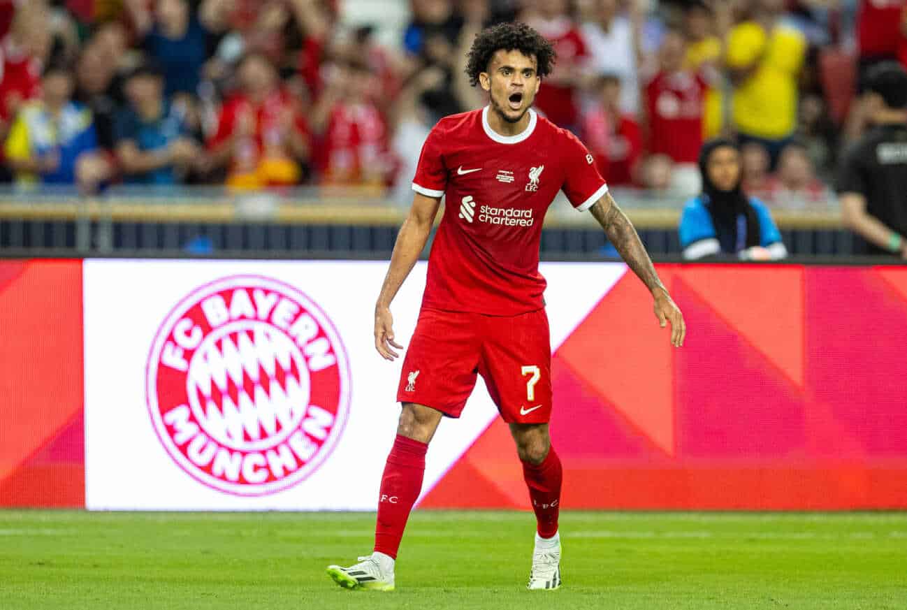 football-pre-season-liverpool-1032773187 Football - Pre-Season - Liverpool FC v FC Bayern Munich SINGAPORE - Wednesday, August 2, 2023: Liverpool s Luis Diaz celebrates after scoring the third goal during a pre-season friendly match between Liverpool FC and FC Bayern Munich FC at the Singapore National Stadium. SINGAPORE Singapore National Stadium SINGAPORE SINGAPORE PUBLICATIONxNOTxINxUK Copyright: xPropagandaxPhotoxAgencyx P2023-08-02-Liverpool_Bayern-80